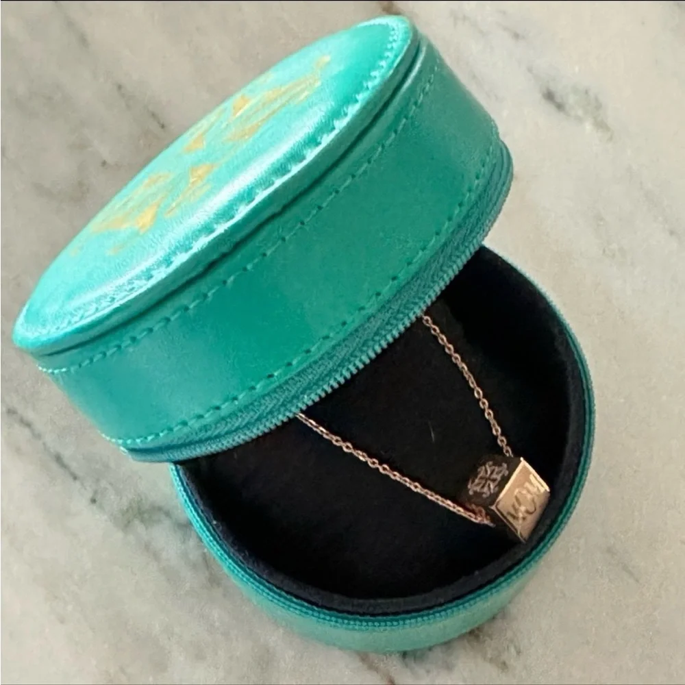 Rose Gold Rustic Cuff MOM logo cube necklace with travel case